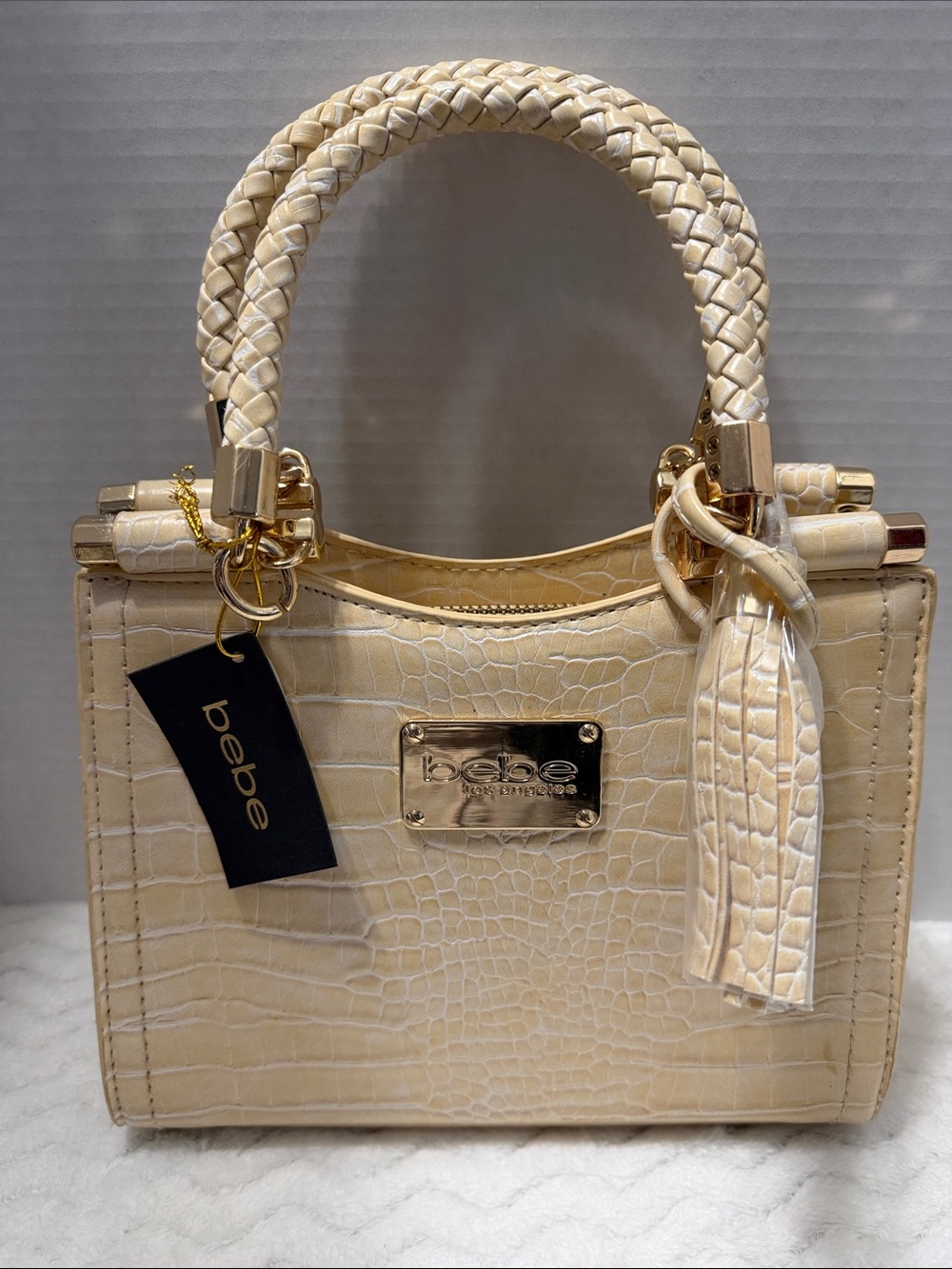 bebe Cream Croc-Embossed Mini Satchel with Braided Handles
